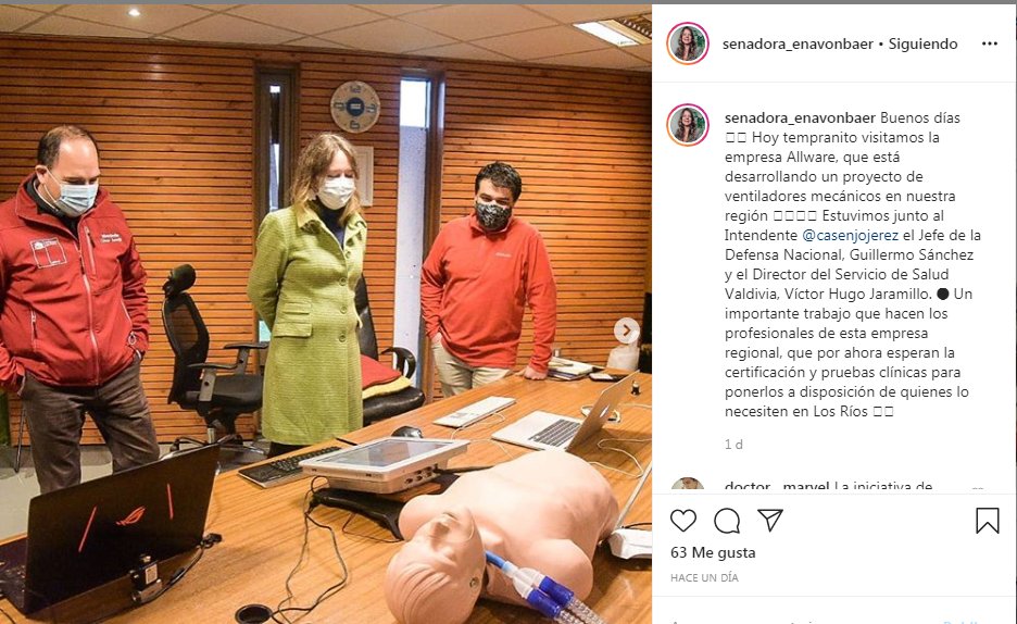 AndesVolt's tweet photo. Visita de senadora Ena von Baer @enavonbaer e 
Intendente Cesar Asenjo @casenjojerez
para conocer el primer ventilador mecánico intensivo desarrollado por empresas en #Valdivia @allware y Unmanned.

Ver esta publicación de Instagram de @senadora_enavonbaer https://t.co/igo4cvECje https://t.co/joD2WG5IYB