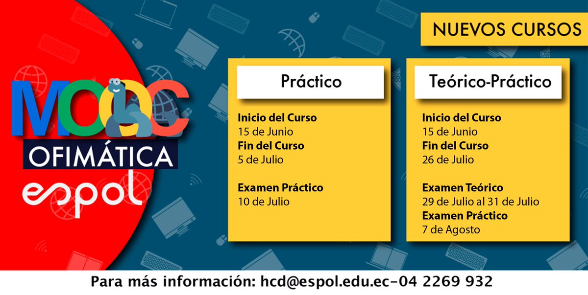 mooc_espol's tweet photo. Ya están listas las fechas del nuevo curso #MOOCHCD 📱💻🖥️, dirigido a estudiantes de @espol
 👩‍💻👨‍💻💻 #YosoyESPOL

cc 
@OtiliaAlejandro
@JoseAsencioEc
@Kchiluig
@cparedesverduga
@MBustamanteLeon
@paherrera1975 https://t.co/9k9MR9xSF9