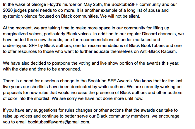 booktubesff's tweet photo. A statement by the BooktubeSFF judges. https://t.co/4nuD1pPKkz