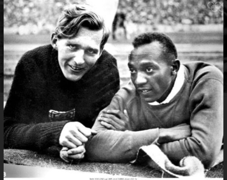 German Luz Long and Jesse Owens became friends at the 1936 Olympics held in Nazi Germany. Later, before being killed in WWII, Long wrote to Owens asking him to contact his son after the war and tell him about his father. “Tell him how things can be between men on this earth.”