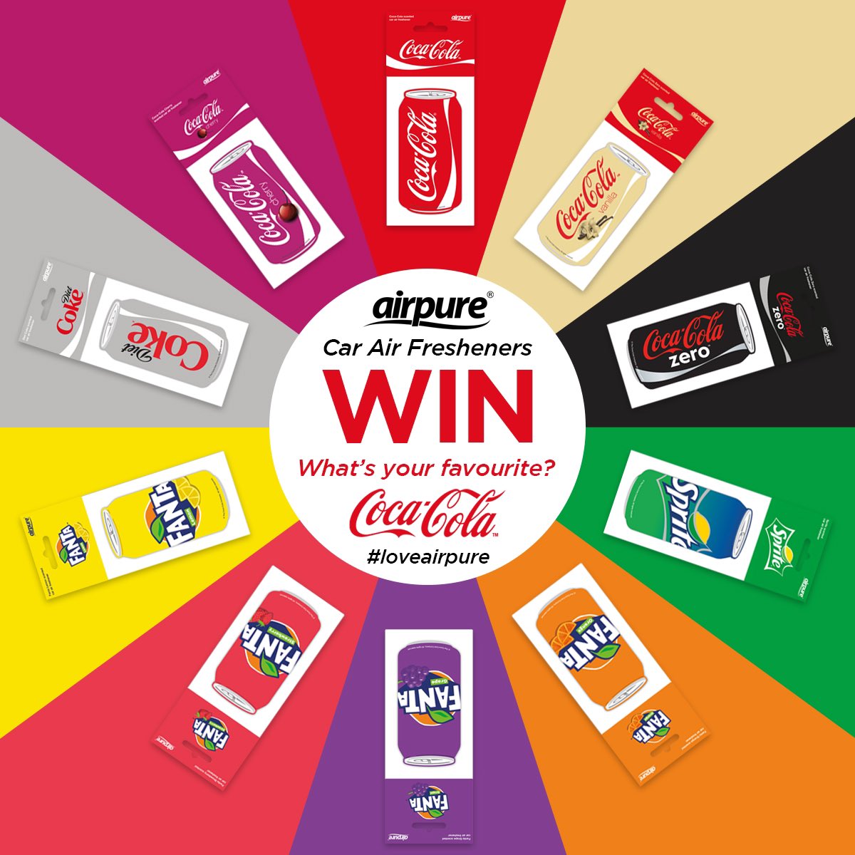 AirPureUK's tweet photo. Competition time! WIN a full set of our Coca-Cola, Fanta and Sprite scented car air fresheners. Comment with your favourite? #airpure #loveairpure #cocacola #fanta #sprite #airfresheners #fun #competition #win https://t.co/YGisIZdfoN
