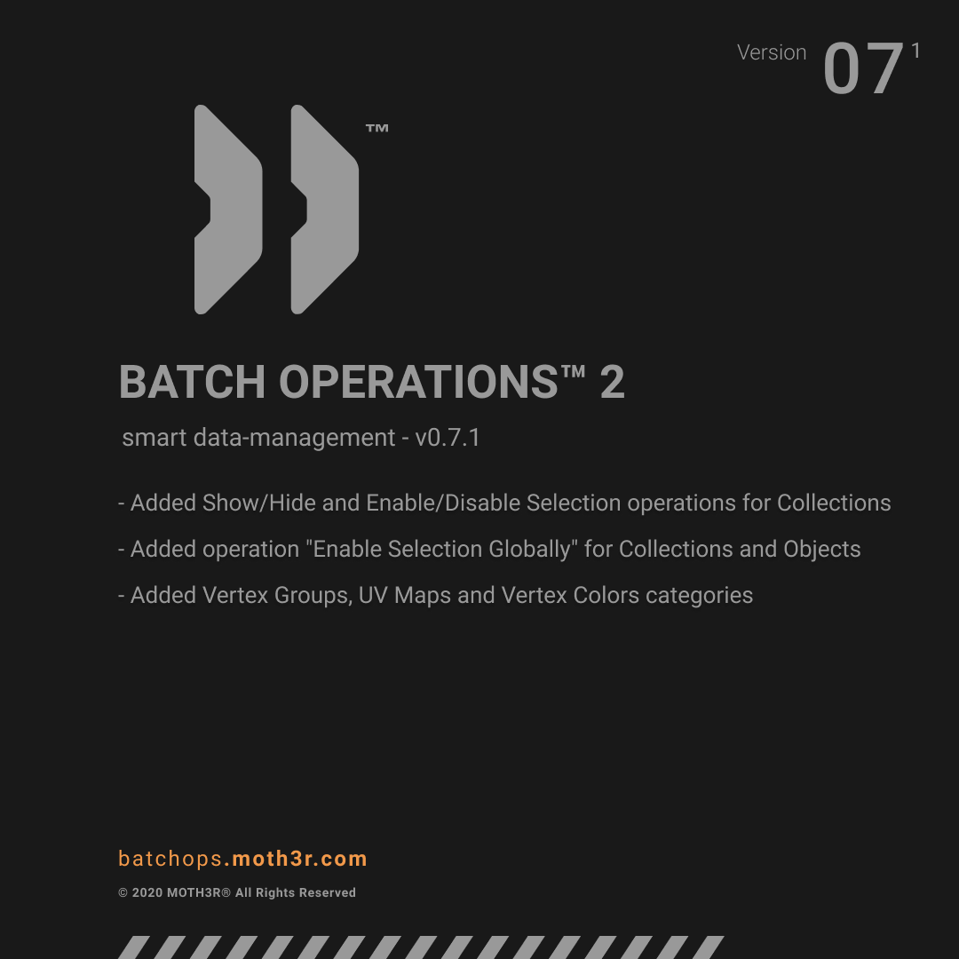moth3r's tweet photo. BATCH OPERATIONS™ 2 Updated! Version 0.71 now supports Vertex Groups, UV Maps and Vertex Colors categories plus Show/hide , Enable/disable operators for collections. #b3d #addon #batchops #3d  https://t.co/tNbBMwSy0p https://t.co/C2wayGWplU