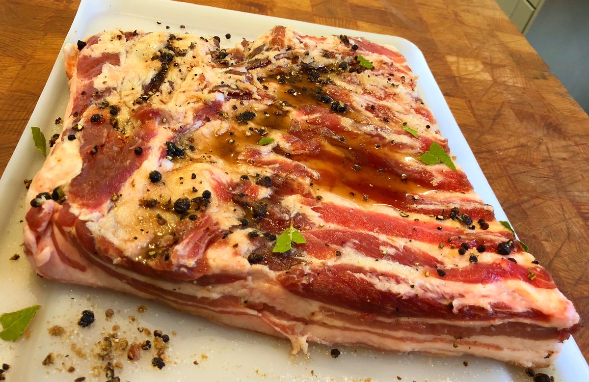 Some of our own organic pork belly beginning it’s transformation into the most amazing streaky bacon on todays virtual butchery and charcuterie session with tbe brilliant <a href="/lambposts/">Steven Lamb</a> - such a fun afternoon. #bacon #thursdayvibes #virtuallearning