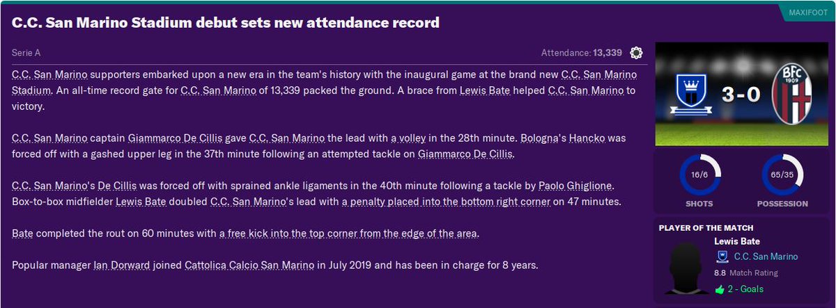 First match at the new stadium is a comfortable win in front of a record crowd with last season's player of the year Lewis Bate getting two goals. Hopefully the start of another title challenge for San Marino...  #FM20