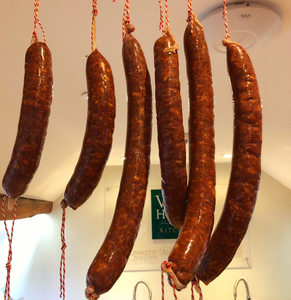 Chorizo salami. Made on todays virtual butchery and charcuterie session with the brilliant <a href="/lambposts/">Steven Lamb</a>  - piped into hog casings which means they’ll cure a little quicker. 3-4 weeks and these will be ready. It’ll be worth the wait! #chorizo #salami