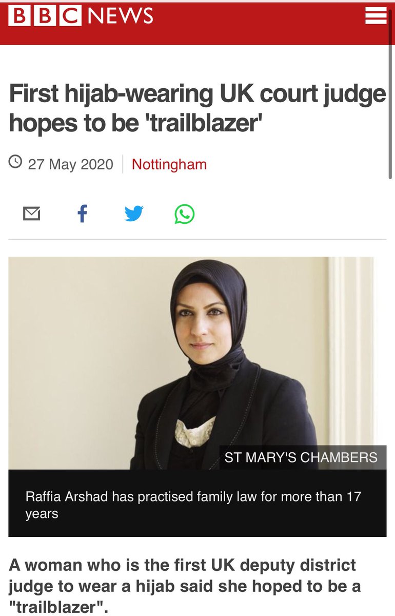 Omerasadbajabar's tweet photo. #RaffiaArshad, UK Dep. District Judge wearing Islamic head scarf is a story of faith, hard-work & courage. In a world of increasing #Islamophobia & #Hate, she represents #Hope & #Peace. At a time when #family_life is under tremendous pressure, I wish she strengthen #family_values https://t.co/D7i04qQ2pN
