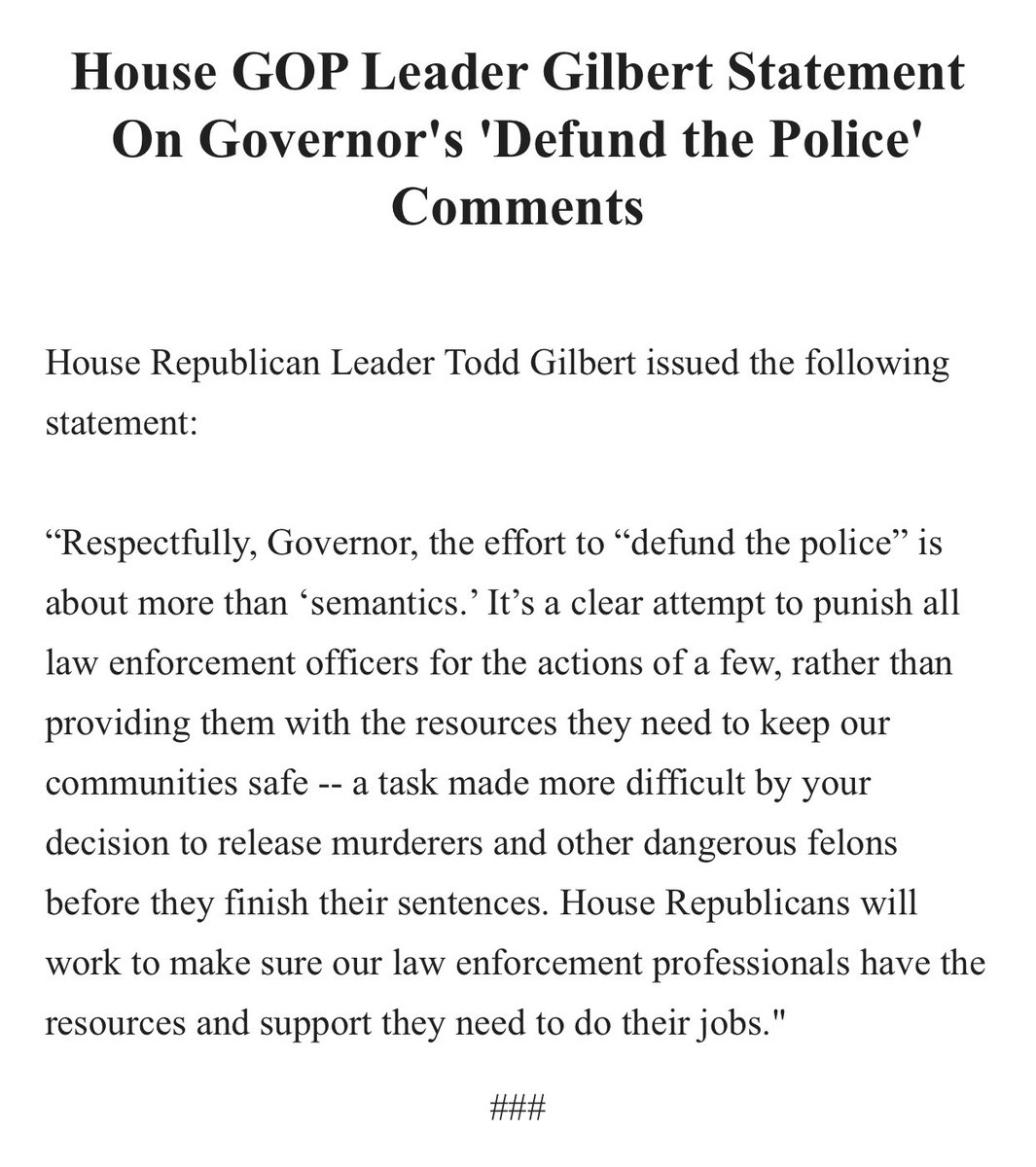 .<a href="/cToddGilbert/">Todd Gilbert</a> Statement on Governor Northam’s ‘Defund the Police’ Comments
