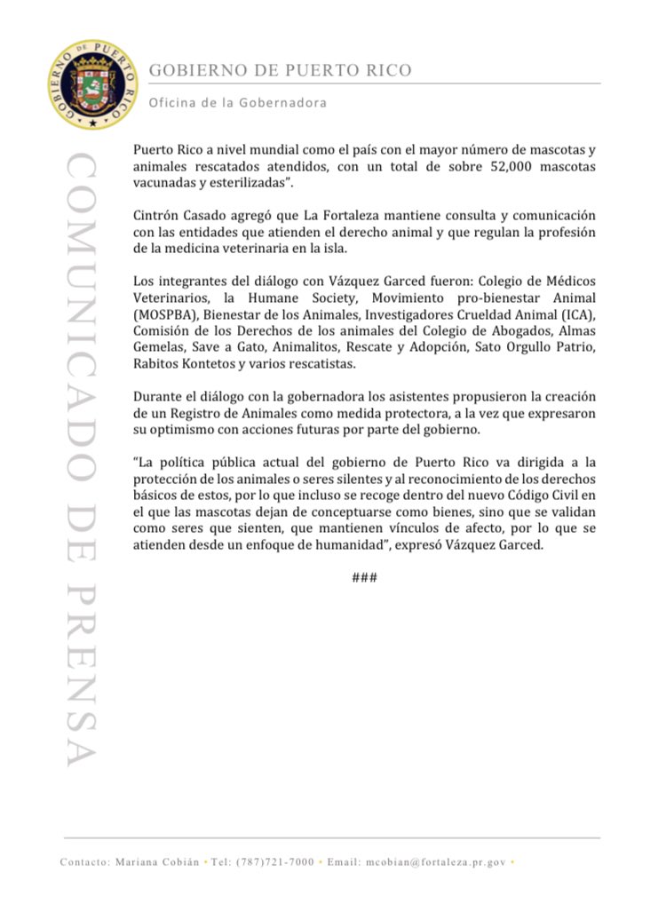 lafortalezadepr's tweet photo. [Comunicado de prensa] La gobernadora @wandavazquezg  reitera su respaldo a la celebración de los “Spayathon”. https://t.co/lapjdbNRRO