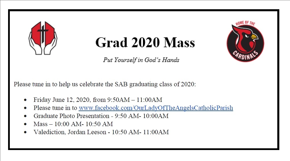 Attention <a href="/SABCatholic/">St. André Bessette</a>! Don't forget to tune in tomorrow morning as we celebrate the graduating class of 2020! #GradMass #lovefirstlastalways #graduation2020 #WeAreCardinals #OnceACardinalAlwaysACardinal #celebrate #fortsask #grad2020