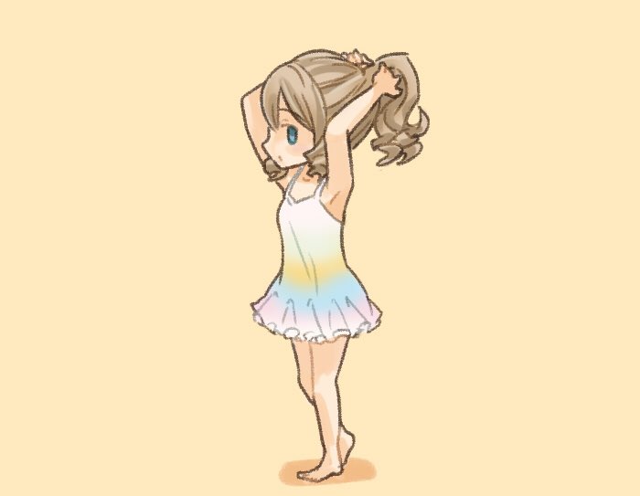 1girl solo blue eyes ponytail simple background barefoot yellow background  illustration images