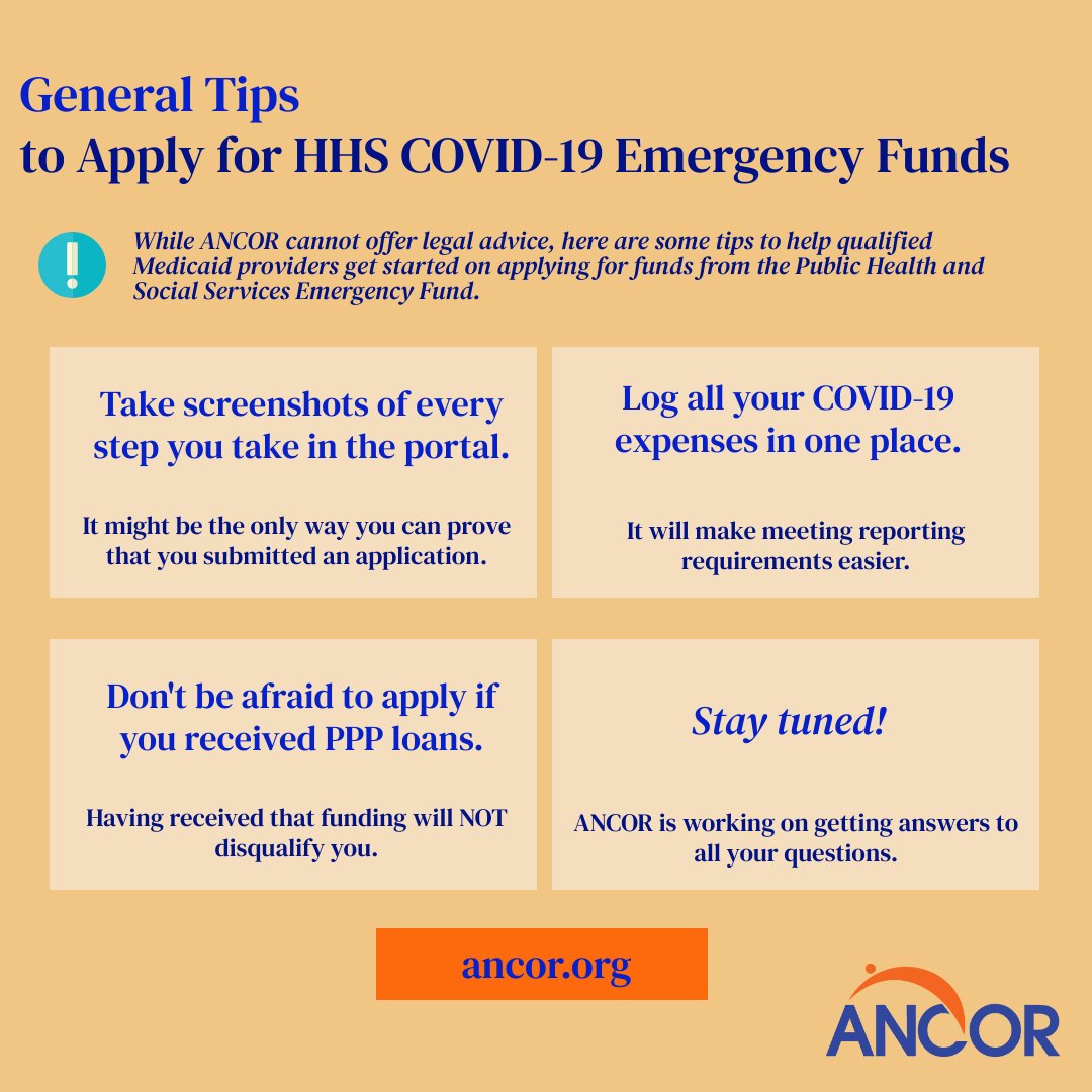 Trying to apply to receive HHS' emergency COVID-19 funds? We have tips!  And here's our statement on the funds ICYMI: ancor.org/newsroom/news/…