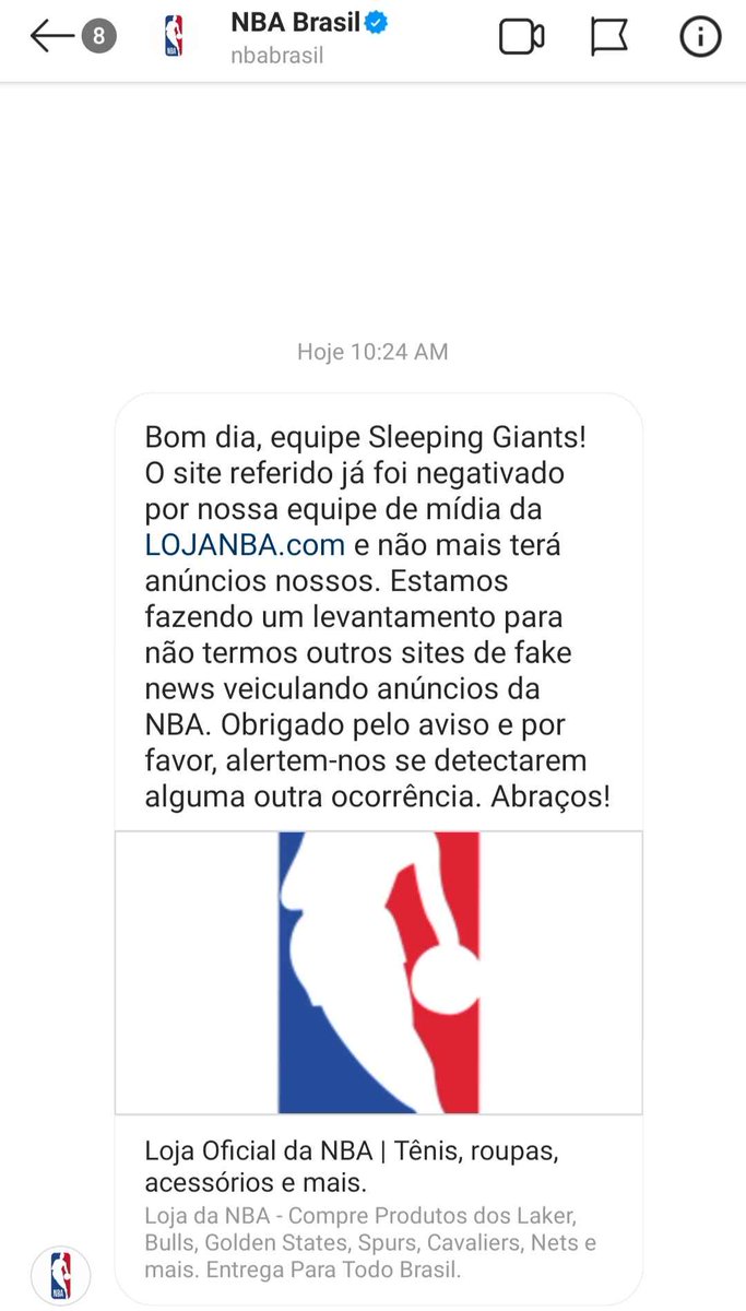 Excelente postura da <a href="/NBABrasil/">NBA Brasil</a> 👏 Recebemos seu posicionamento através do IG confirmando a negativação desse site e a revisão de sua publicidade programática! Mais alguém aí com saudade acompanhar a temporada? 🏀 Obrigado pelo apoio ✊🏽 #SleepingGiantsBrasil