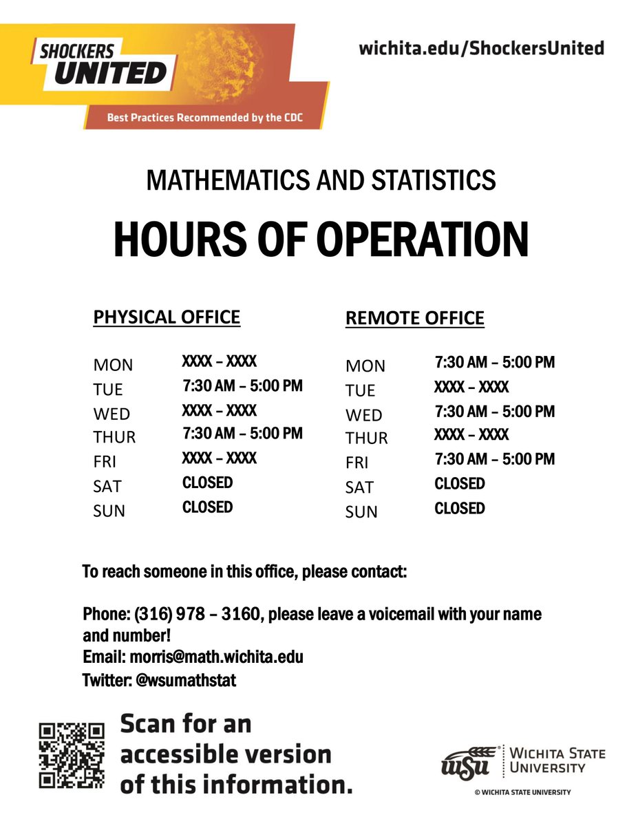 WSUMathStat's tweet image. Beginning next week, the Office Staff will be working from home on MWF! Here are what our hours will look like: