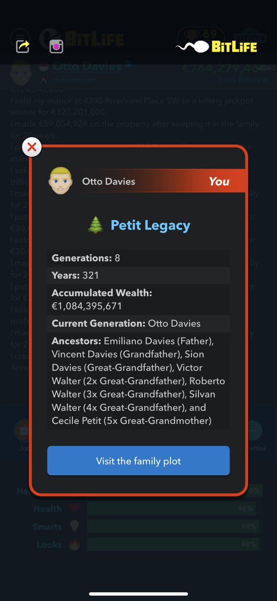 bitizen_bitlife's tweet photo. Only 8 generations and €1 BILLION accumulated Wealth!!! If you’ve done it in less generations REPLY TO THIS TWEET! @BitLifeApp https://t.co/TfnAMwy13C
