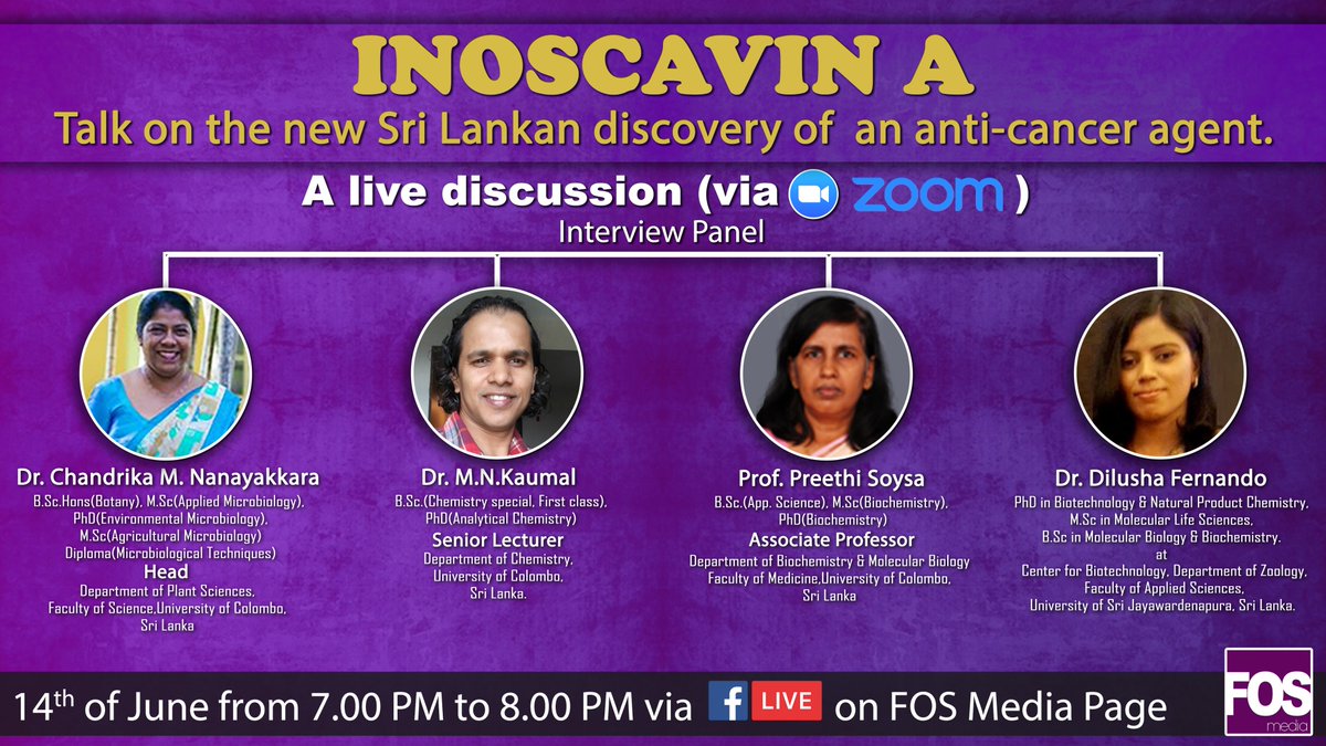 FOSMediaR's tweet image. INOSCAVIN A
Talk on the new Sri Lankan discovery of an anti-cancer agent

#FOSMedia
#live
#panel 
#research