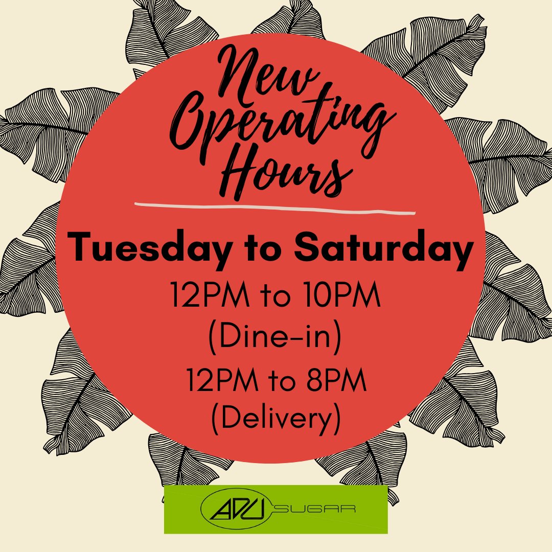 AduSugar's tweet photo. WE OPEN THROUGHOUT THE DAY!
.
We have new operation hours for our customers. Please ring us at 03-22021441 to book a table or for delivery &amp; takeaway. https://t.co/YCSLr48AoC