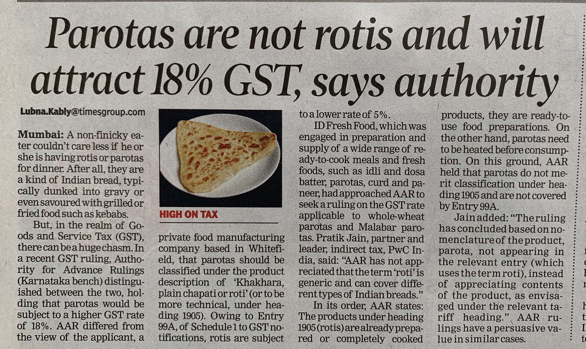 panix68's tweet photo. This is what the bureaucracy lives for. First create complex categories for GST-then adjudicate whether your product is a paratha or a roti. Ease of doing business,my foot. https://t.co/uQNvklubRM