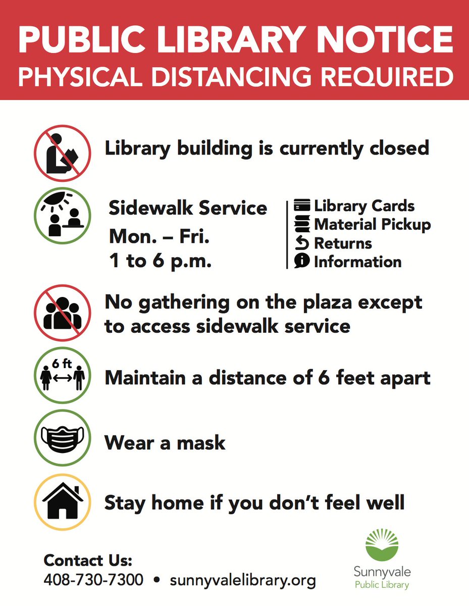 sunnyvalelib's tweet photo. When using Sidewalk Service you must:
- Wear a face mask
- Maintain a distance of 6 feet apart
- Not gather on the plaza except to access Sidewalk Service
- Stay home if you don’t feel well
Welcome back to the Library!
#SunnyvaleLibrary #SVSidewalkService https://t.co/hISiA8NT2V