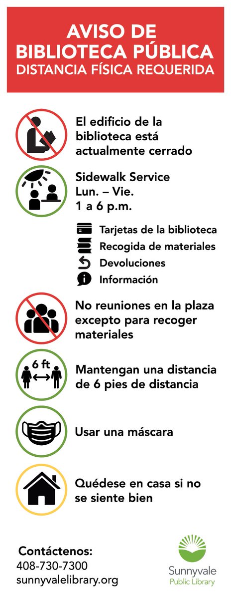 sunnyvalelib's tweet photo. When using Sidewalk Service you must:
- Wear a face mask
- Maintain a distance of 6 feet apart
- Not gather on the plaza except to access Sidewalk Service
- Stay home if you don’t feel well
Welcome back to the Library!
#SunnyvaleLibrary #SVSidewalkService https://t.co/hISiA8NT2V