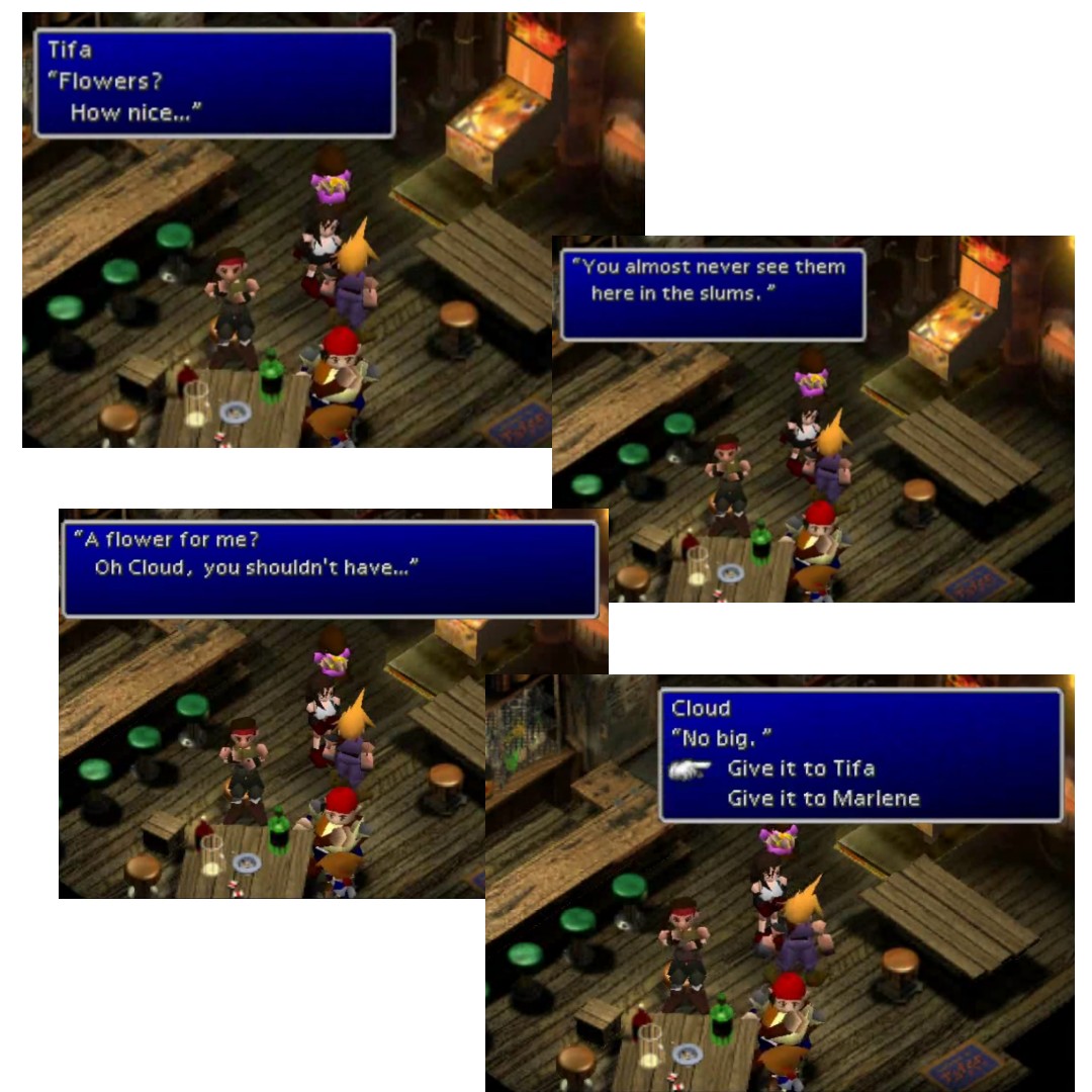 Yep the flower thingy become non-optional nowTifa's question in 7R was 'where'd u get that?' (not actual asks for the flower)And not only Tifa got surprised but the audiences as well knowing Cloud straight up gave the flower to her 