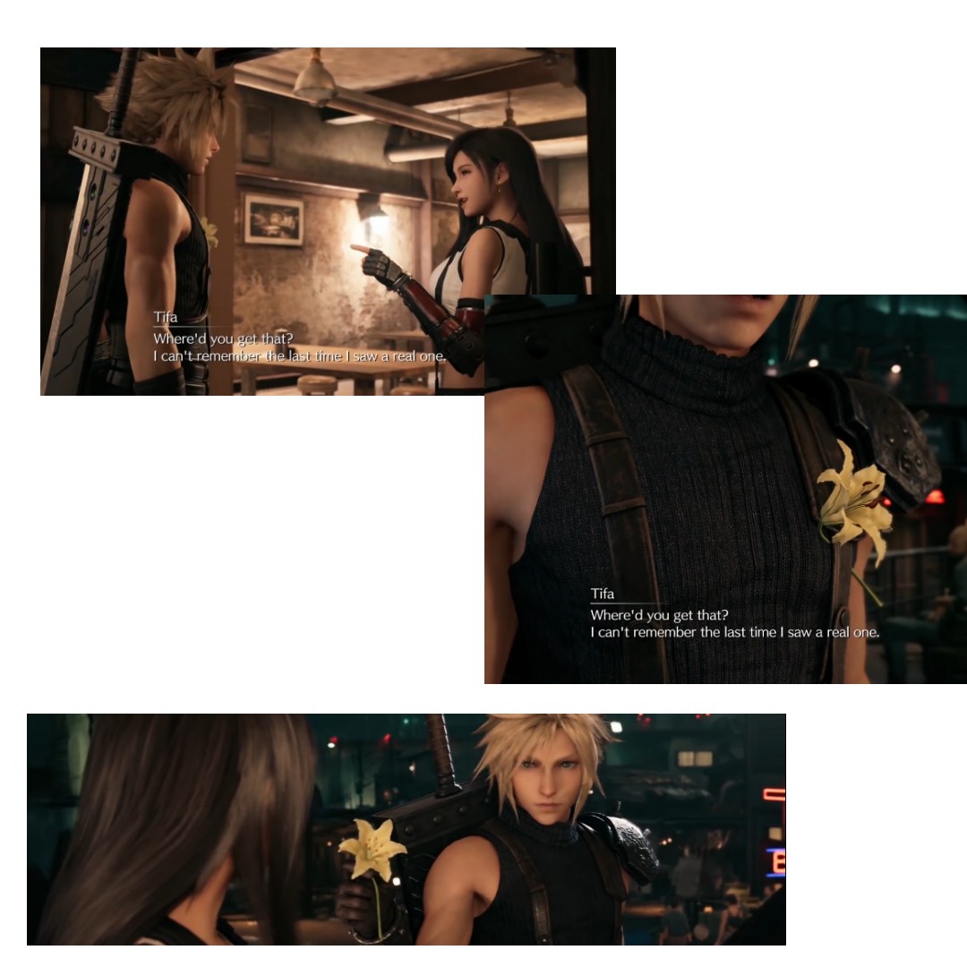 Yep the flower thingy become non-optional nowTifa's question in 7R was 'where'd u get that?' (not actual asks for the flower)And not only Tifa got surprised but the audiences as well knowing Cloud straight up gave the flower to her 