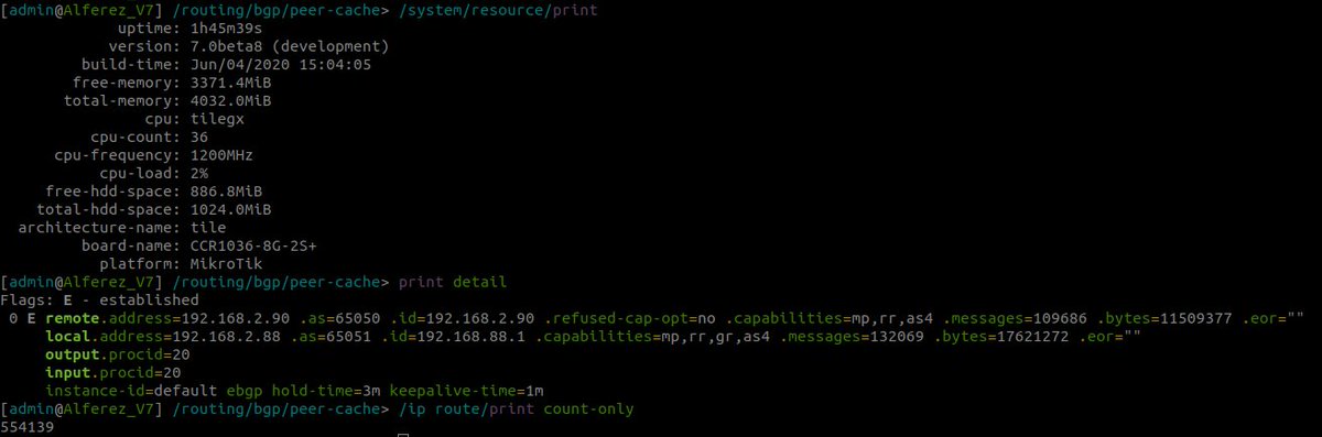 JoseAAlferez's tweet photo. Hoy tocaba probar #RouterOS7 y su capacidad BGP multicore. Ha recibido un full bgp en labs en 2 minutos. Esto pinta bien. Lo siguiente es probar con datos reales y su #RPKI. @mikrotik_com https://t.co/fBYSifjZVf
