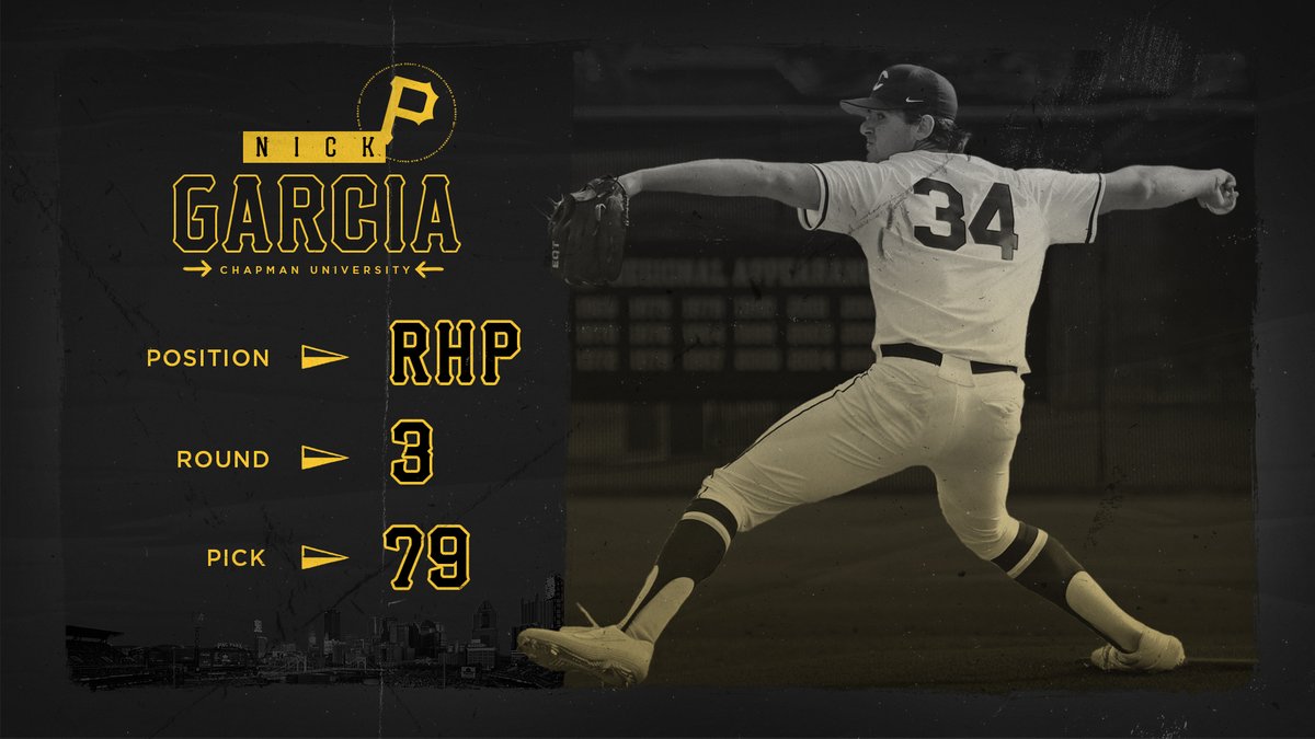 Pirates's tweet image. With our third round selection (79th overall) in the #MLBDraft we have selected Nick Garcia from Chapman University (CA).