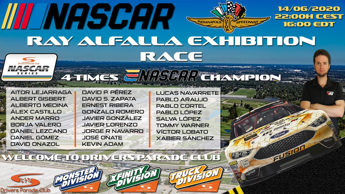 🔴🔴RAY ALFALLA EXHIBITION RACE🔴🔴

TODAY IS THE DAY! 
Our best drivers are going to face <a href="/rayalfalla/">Ray Alfalla</a> in an exciting race!

📍Indianapolis Motor Speedway
⏰15:45h (EDT)
⏰21:45h (CEST)
📺Official broadcast: twitch.tv/driversparadec…
⌚️Live Timing: livedpc.noflyarea.es