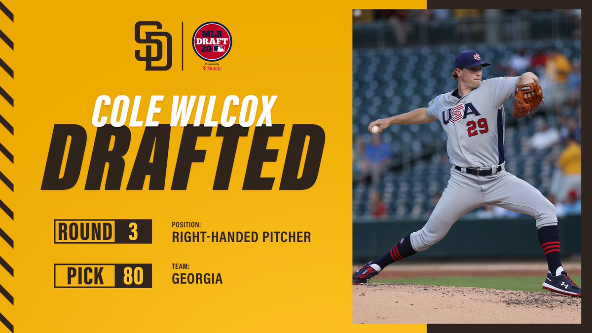 Padres's tweet photo. With the 80th pick in the 2020 #MLBDraft, the #Padres have selected RHP Cole Wilcox from @BaseballUGA! https://t.co/Zoi5LDAbi7