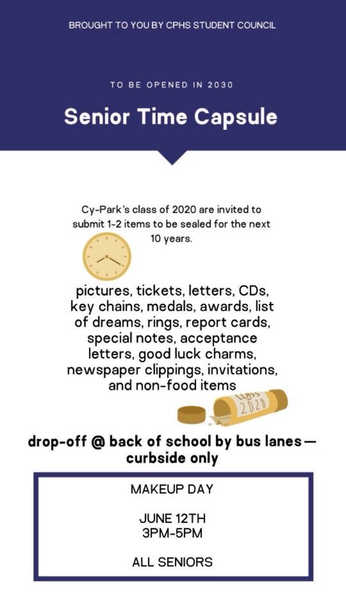 CypressParkHS's tweet photo. By request, we have a make up day for dropping off items for the time capsule. See flyer for info! #CP2020 https://t.co/uHm4lqAjvH
