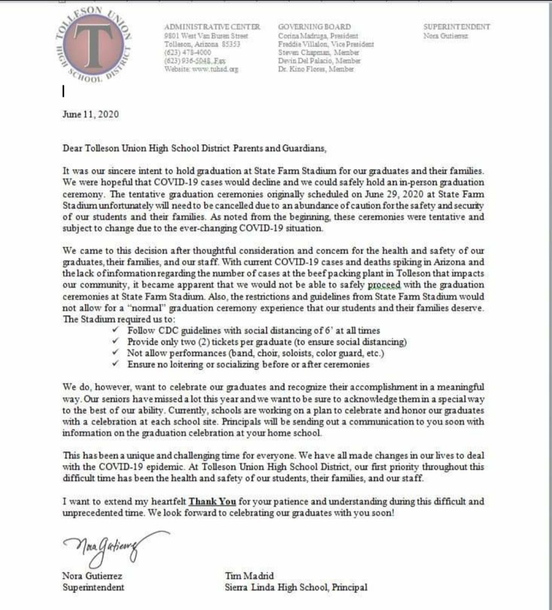 slhsstugo's tweet photo. It is with great sadness that TUHSD has to announced that June 29th graduation ceremony at State Farm Stadium has been cancelled. Your Bulldog family is working out details in hopes of having some sort of celebration....more information to come. https://t.co/SF74WG6ymJ