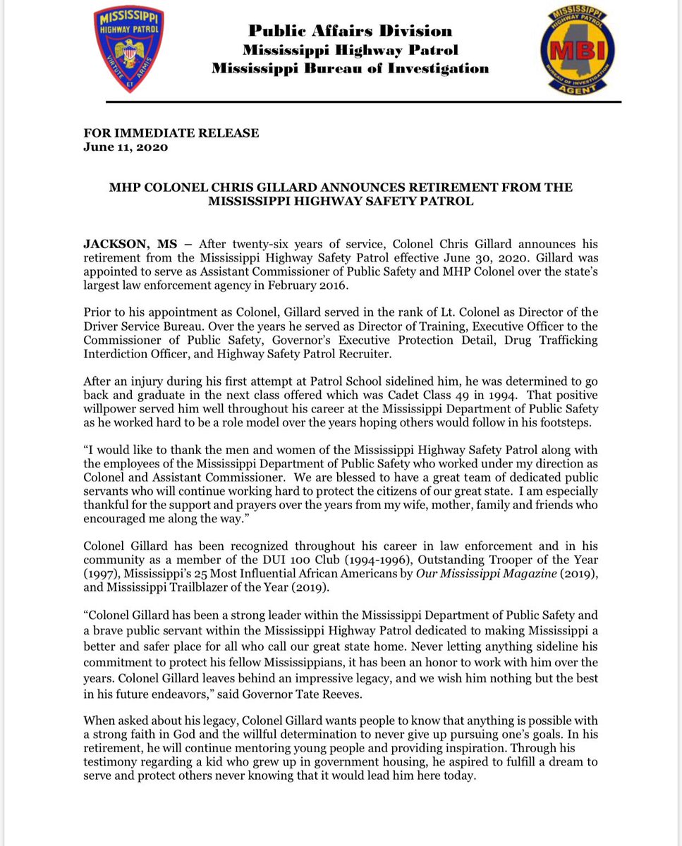 MSHwyPatrol's tweet photo. Colonel  Chris Gillard announces retirement after 26 years of service with MHP: https://t.co/aHDJ9qosle