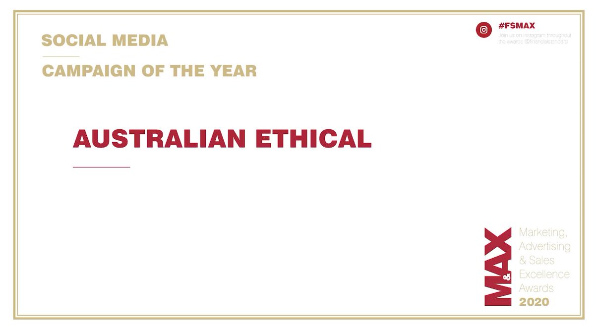 austethical's tweet photo. We're proud to have received the @FinStd MAX Award for Social Media Campaign Of The Year. Social media is a platform to advocate and create positive change and we're thankful to be able to make a difference with the voice we have.

#FSMAX https://t.co/YpJehDHZN5
