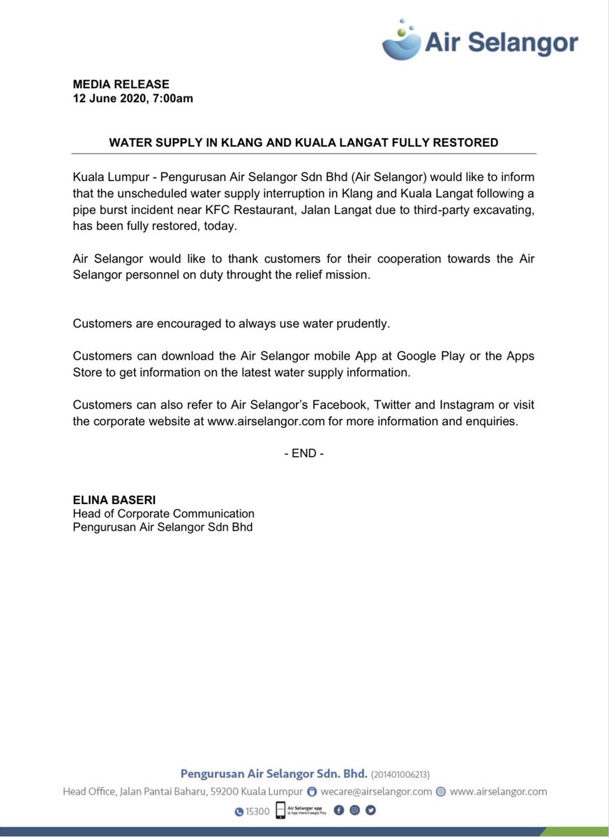 Air Selangor On Twitter Siaran Media Bekalan Air Di Wilayah Klang Dan Kuala Langat Telah Pulih Sepenuhnya Media Release Water Supply In Klang And Kuala Langat Fully Restored Https T Co Qsnownm2nq