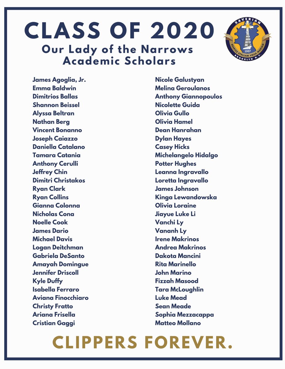 XaverianHS's tweet photo. The Our Lady of the Narrows Academic Scholar Award is given to each Senior that has maintained a 95% average or better in their four-year high school career. Tonight, we recognize these Clippers for their remarkable scholastic achievements. Congratulations, Clippers! https://t.co/D7YBF3ExWv