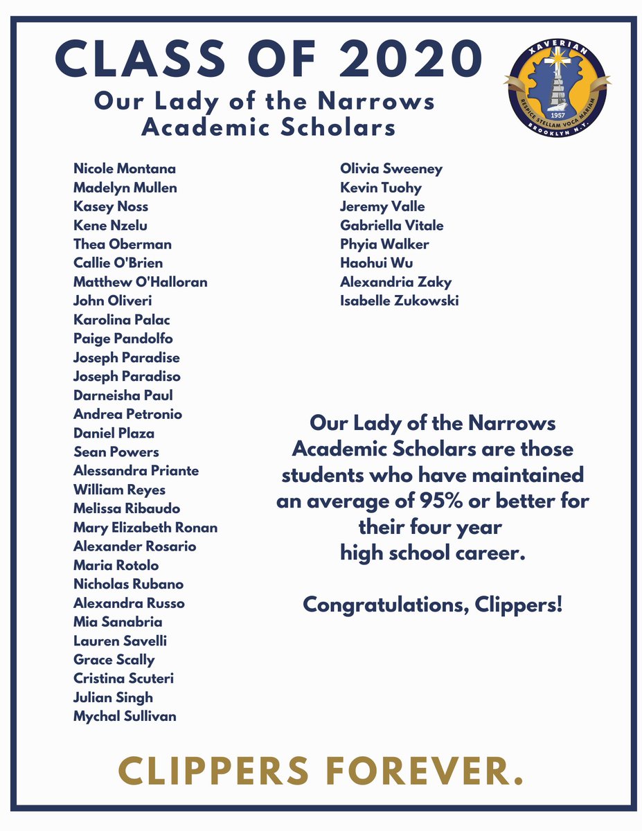 XaverianHS's tweet photo. The Our Lady of the Narrows Academic Scholar Award is given to each Senior that has maintained a 95% average or better in their four-year high school career. Tonight, we recognize these Clippers for their remarkable scholastic achievements. Congratulations, Clippers! https://t.co/D7YBF3ExWv