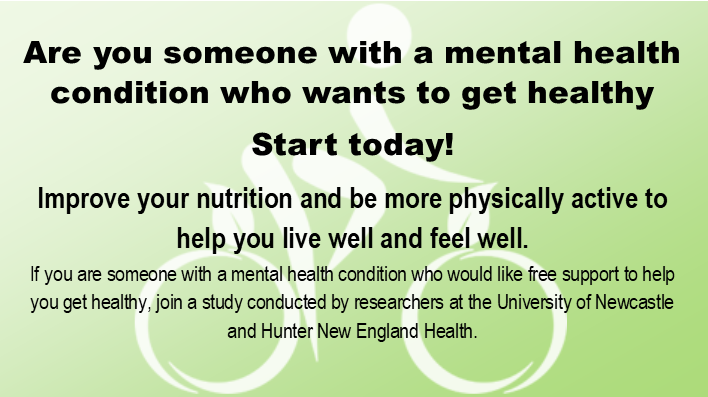 EquallyWell_AU's tweet photo. A team of researchers from @Uni_Newcastle are investigating ways to support people with a mental health condition to improve their diet and exercise habits. Click here to volunteer https://t.co/zVPv8RNG20 https://t.co/vBf8oOadgl