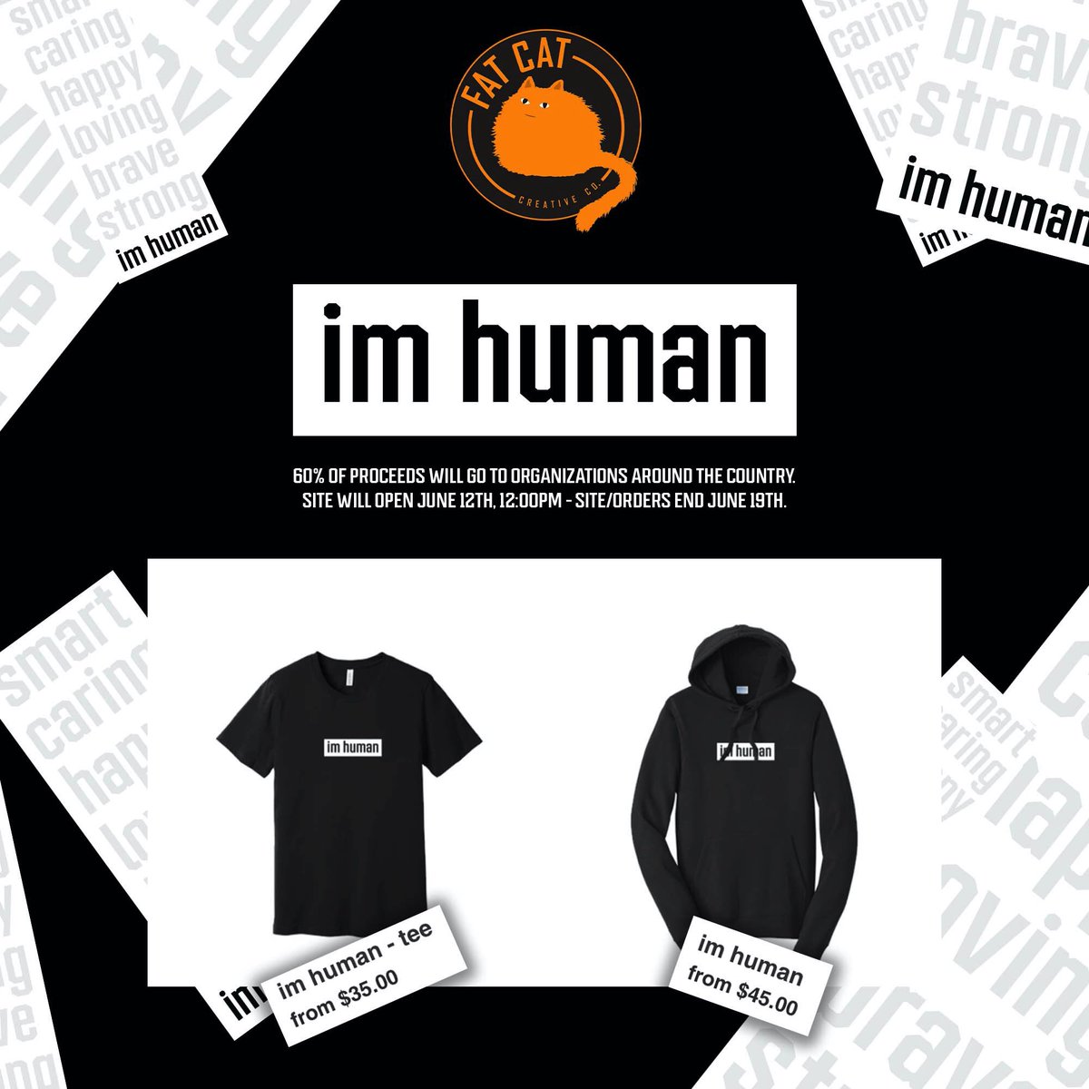 creators__'s tweet photo. Site will be live tomorrow at 12 PM PST. We will be selling the “im human” embroidered sweatshirt and tee. 60% of proceeds will go to organizations around the country. We will decided those organizations when orders end. Site will close and all orders will end on June 19th. https://t.co/qcVusvnRz1