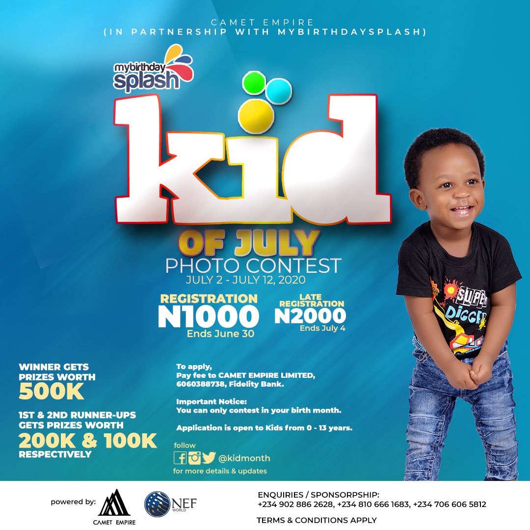 KidMonth's tweet photo. Kid of June 2020
Stage 3
To register for other months:
Kindly pay/transfer the registration fee of 1k to:
CAMET EMPIRE LIMITED
6060388738, Fidelity Bank
 https://t.co/MgzM5K9cTt
Kindly use chrome or UC browser for registration

Enquiry - +2349028862628, 08158106602 https://t.co/4ehpAgDl2l