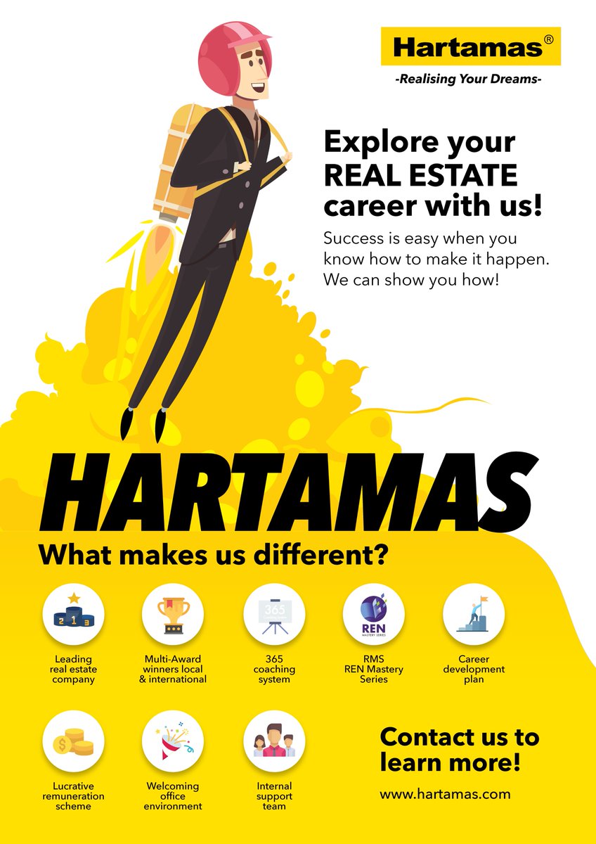 HartamasGroup's tweet photo. Are you considering a career in real estate? Join our leading team now! Let us help you learn more about yourself and your unique potential to succeed. Here is why #Hartamas is for you. Reach us at 03-78395555 or generalhr@hartamas.com. https://t.co/erm5KqJheN