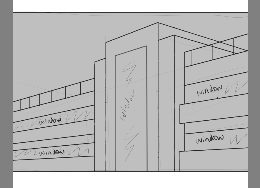 i think it's been years since i've had to draw a building in perspective, still suck at it heh

i didn't want to deal with the spacing for window dividers so i just...didn't 