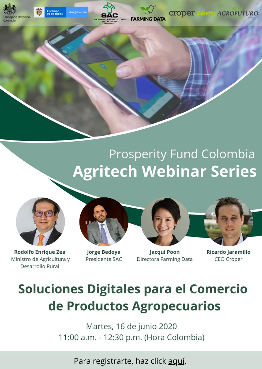 Acompáñanos a discutir 'Soluciones digitales para el comercio de productos agropecuarios' con <a href="/MinAgricultura/">Min. de Agricultura</a>, <a href="/SAColombia/">Sociedad de Agricultores de Colombia</a>, <a href="/farming_data/">Farming Data</a> y <a href="/croper_co/">Croper</a>. Regístrate a través de la plataforma de #ExpoAgrofuturo y <a href="/CorferiasBogota/">Corferias</a>, acá: 👉 bit.ly/3dUWth9. [2/2]