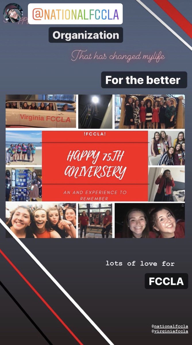 virginiafccla's tweet photo. Happy 75th Anniversary, #FCCLA! We love seeing #VAFCCLA members featured in fun Instagram birthday tributes to @NationalFCCLA! In addition to a story from a member of the NEC, the stories here are from 2020-2021 state officers from @tahsfccla, @StrasburgFCCLA, &amp; Allegheny High! https://t.co/mVzV8i7zE1