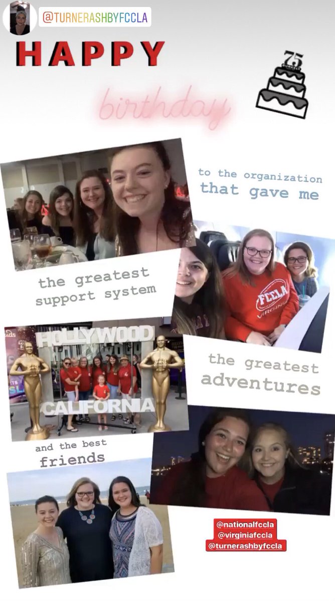 virginiafccla's tweet photo. Happy 75th Anniversary, #FCCLA! We love seeing #VAFCCLA members featured in fun Instagram birthday tributes to @NationalFCCLA! In addition to a story from a member of the NEC, the stories here are from 2020-2021 state officers from @tahsfccla, @StrasburgFCCLA, &amp; Allegheny High! https://t.co/mVzV8i7zE1