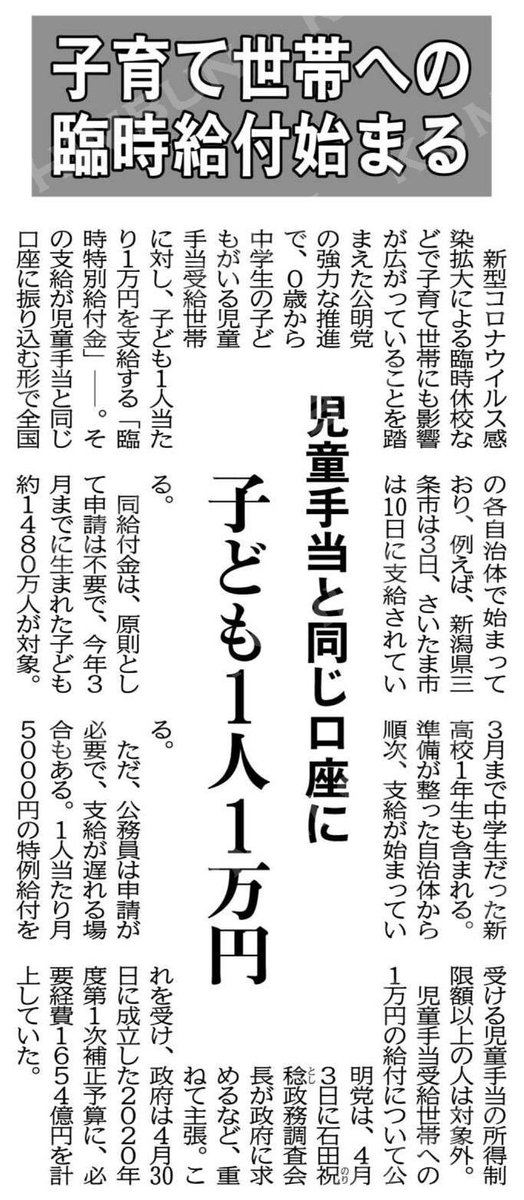 公明党 子育て世帯への臨時給付始まる 臨時休校など子育て世帯への影響を踏まえ 児童手当受給世帯に対し 子ども１人当たり１万円を支給する 臨時特別給付金 新型コロナ 児童手当と同じ口座に振り込まれ 原則 申請は不要です 公明新聞電子版