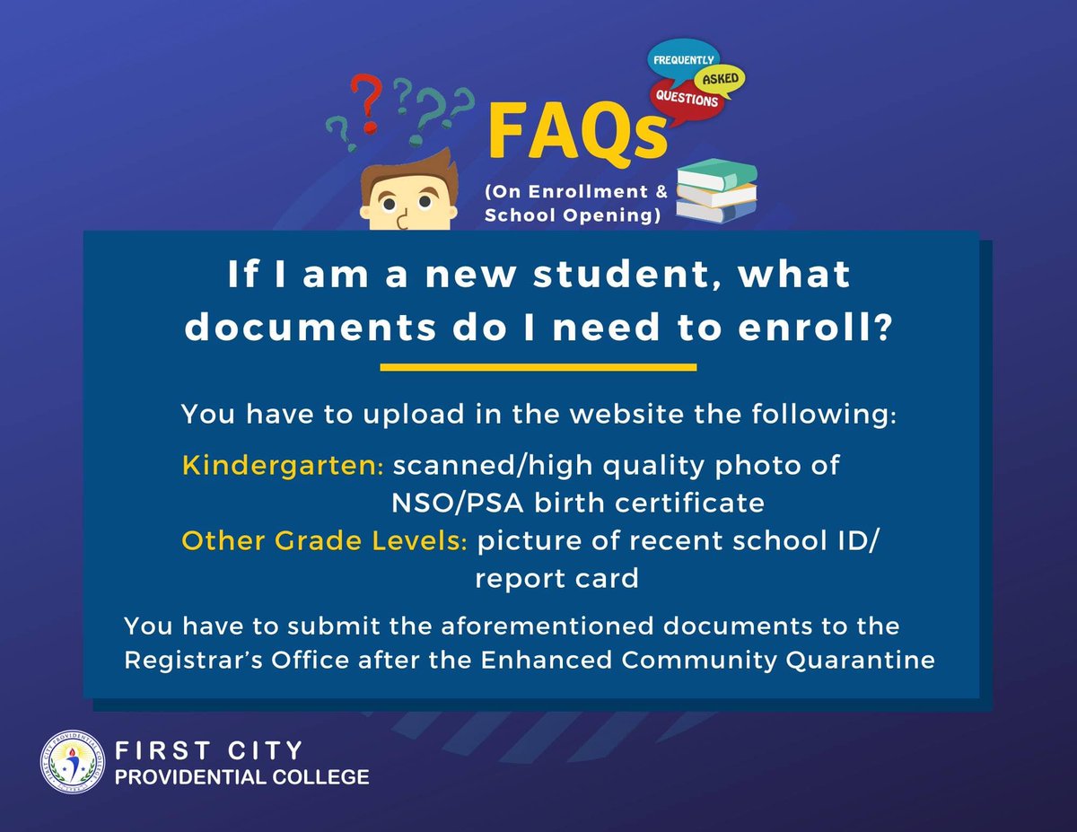 official_FCPC's tweet photo. Good day, First Citizens!
As we commit to a safer school year, here are Frequently Asked Questions (FAQs) regarding the enrollment process of First City Providential College for S.Y. 2020-2021.
Please check the Official Social Media Accounts of FCPC for updates.
#COVID19ReadySkul https://t.co/D80O0V3tMB