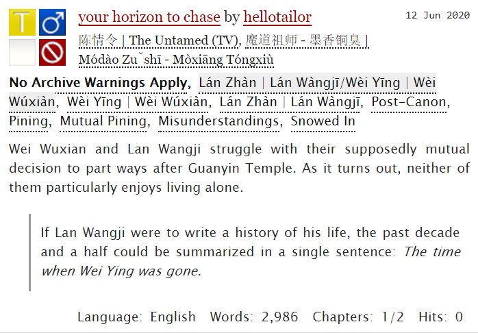 ok here it is! part 1/2 of a post-canon Wanxian fic! this is pure, unadulterated ~romance.  https://archiveofourown.org/works/24670510 