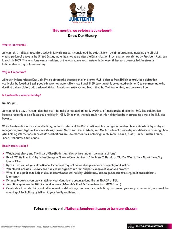 MichelleVega2's tweet photo. Juneteenth is a time to celebrate! The T-Mobile Illinois/Wisconsin Diversity and Inclusion Chapter is taking time to recognize this upcoming important holiday and celebration!  #MCN #TeamMagenta #BLM #wesstandinsolidarity&amp;support https://t.co/XRgVFhih9Y