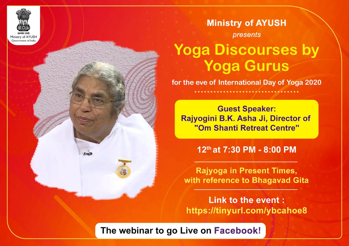 CBC_Chandigarh's tweet photo. #YogaDiscourses
"Rajyoga in Present Times, with reference to Bhagavad Gita" by Rajyogini B.K. Asha Ji!
Friday, 12th June 2020
Time: 7:30 to 8:00 PM
Link to the event:
https://t.co/Tgjoe2LAJV
#IDY2020 https://t.co/plHKfrjcEW