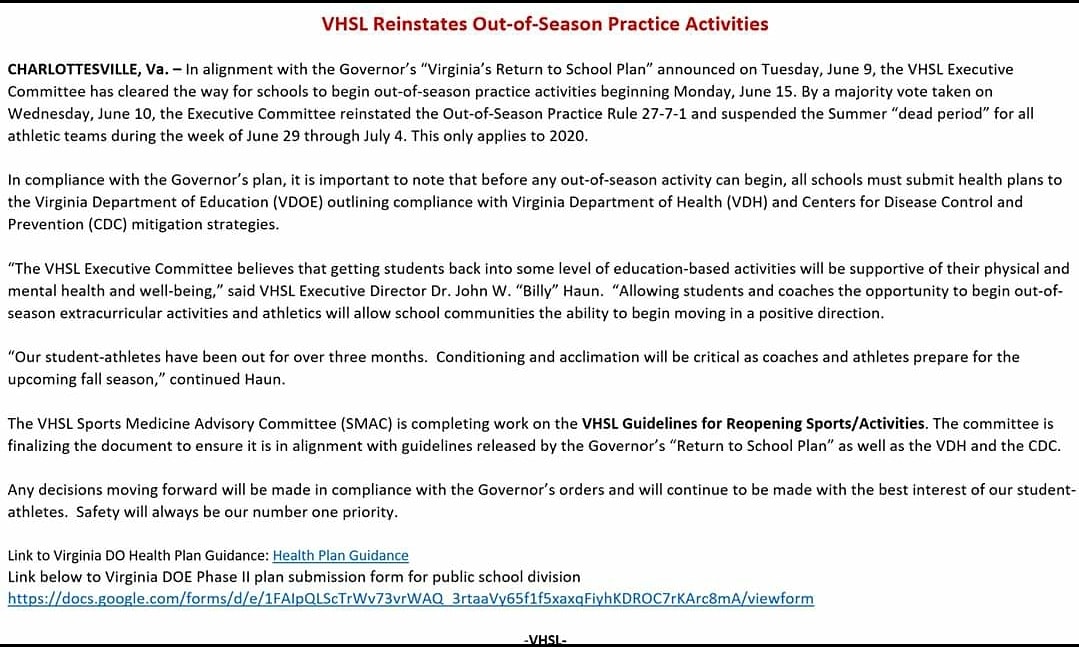 nchsgovs's tweet photo. Exciting news from the VHSL!  We can begin out of season workouts again soon.  There are still a few steps to complete, but this is a step in the right direction.  Our Govs will be back on the fields and courts again soon!  #gogovs #nelsonstrong https://t.co/NCpmlUkA0Z